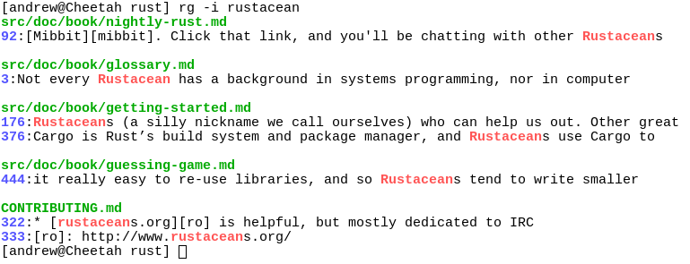 Результаты поиска ripgrep с подсветкой совпадений и номерами строк